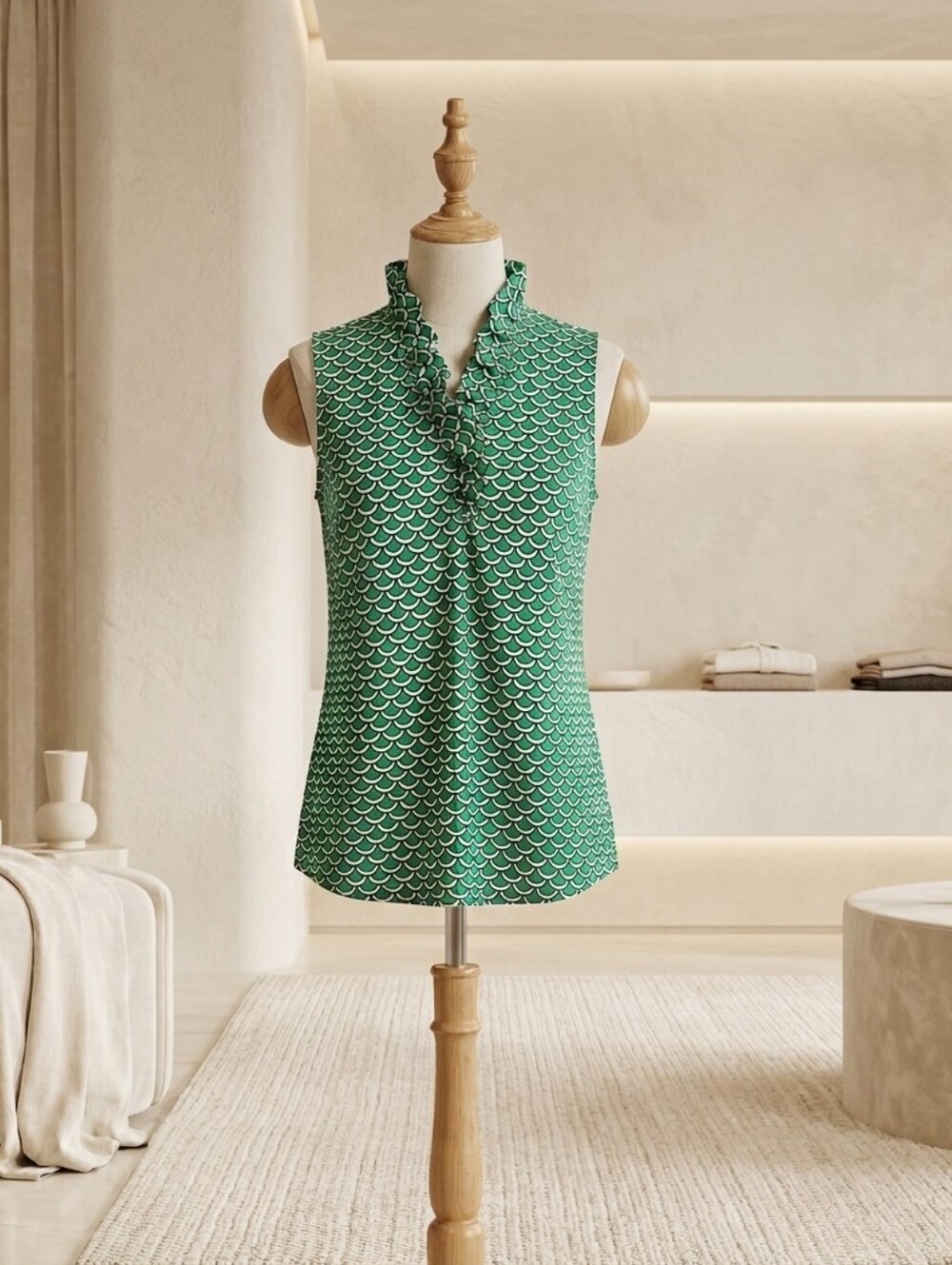Mud Pie Green White & Blue Ruffle Collar Blouse Size M